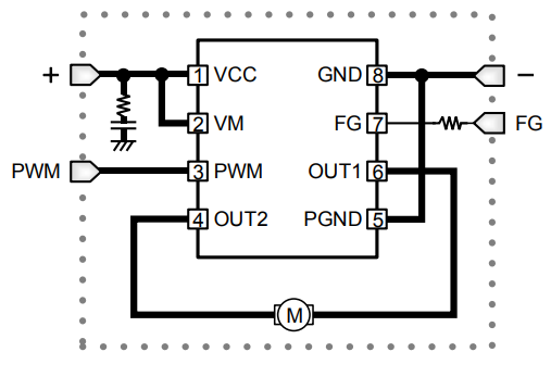 应用电路图 - ROHM Semiconductor BU69090NUX单相电机驱动器